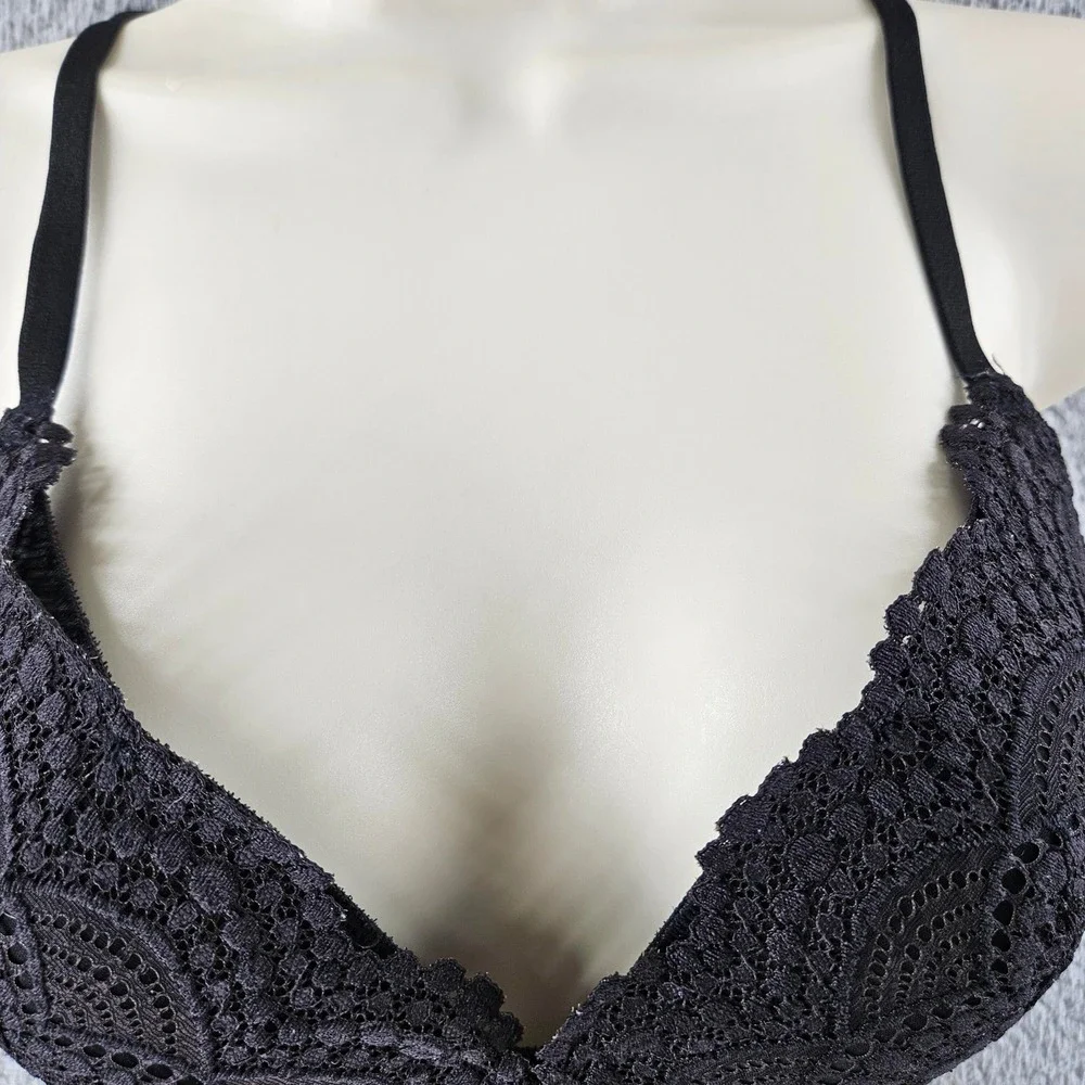 Victorias Secret Lined No Wire Bra Womens 32D Black Floral Lace Wireless Comfort